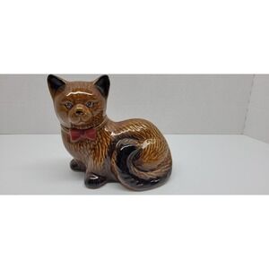 Vintage Porcelain Kitty‎ Cat Handcrafted Collectibles Brown Black Red Bow Tie